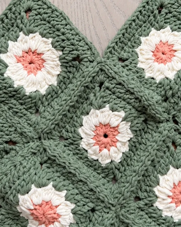 Close-up of sage-green crochet granny squares with cream and coral daisies